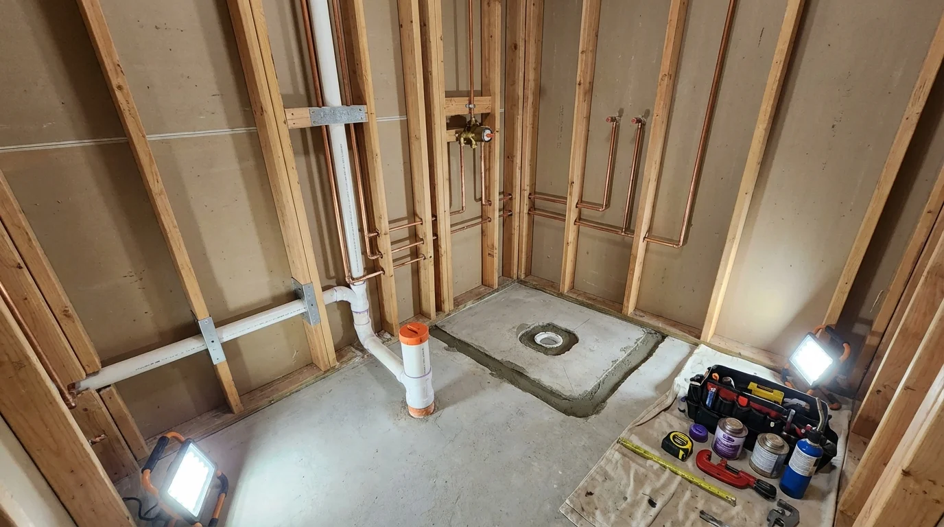 Bathroom rough-in plumbing during remodel by Johns Plumbing LLC in Hahnville