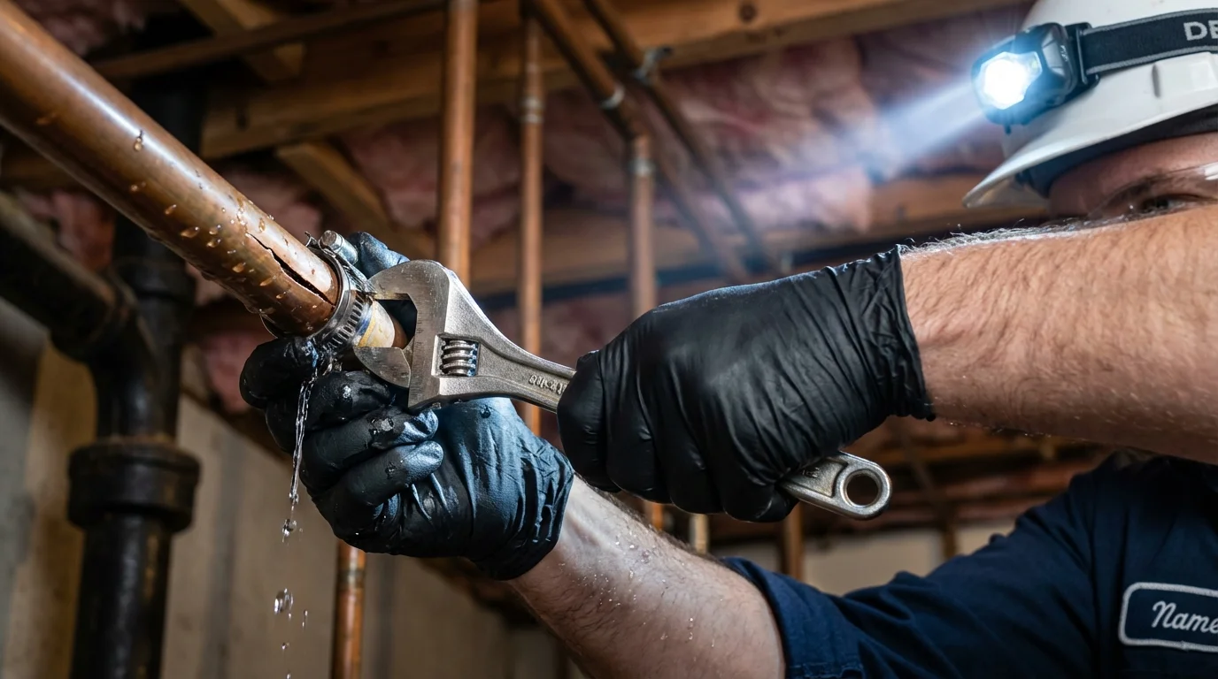 Emergency pipe clamp repair being performed by a Johns Plumbing LLC plumber in Hahnville