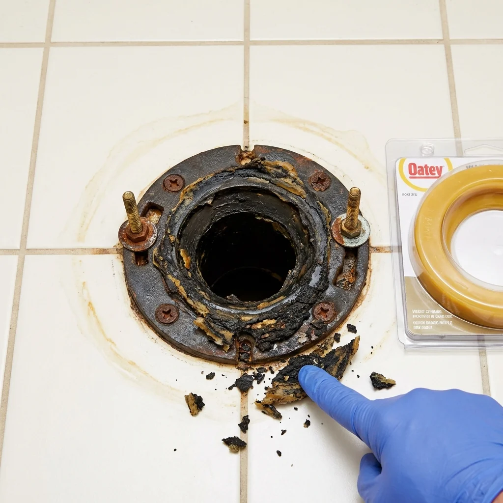 Failed wax ring showing water seepage at the base of a toilet in a Hahnville, LA home